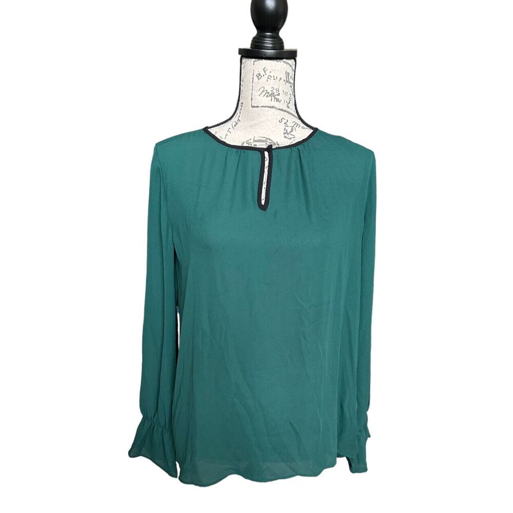 New Primark Long Sleeve Chiffon Blouse Green w/ Black Trim Keyhole US 6 NWT